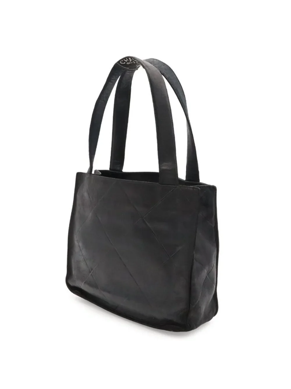 Chanel Boutique Tag Handle Tote Bag Lattice Lambskin Leather Black